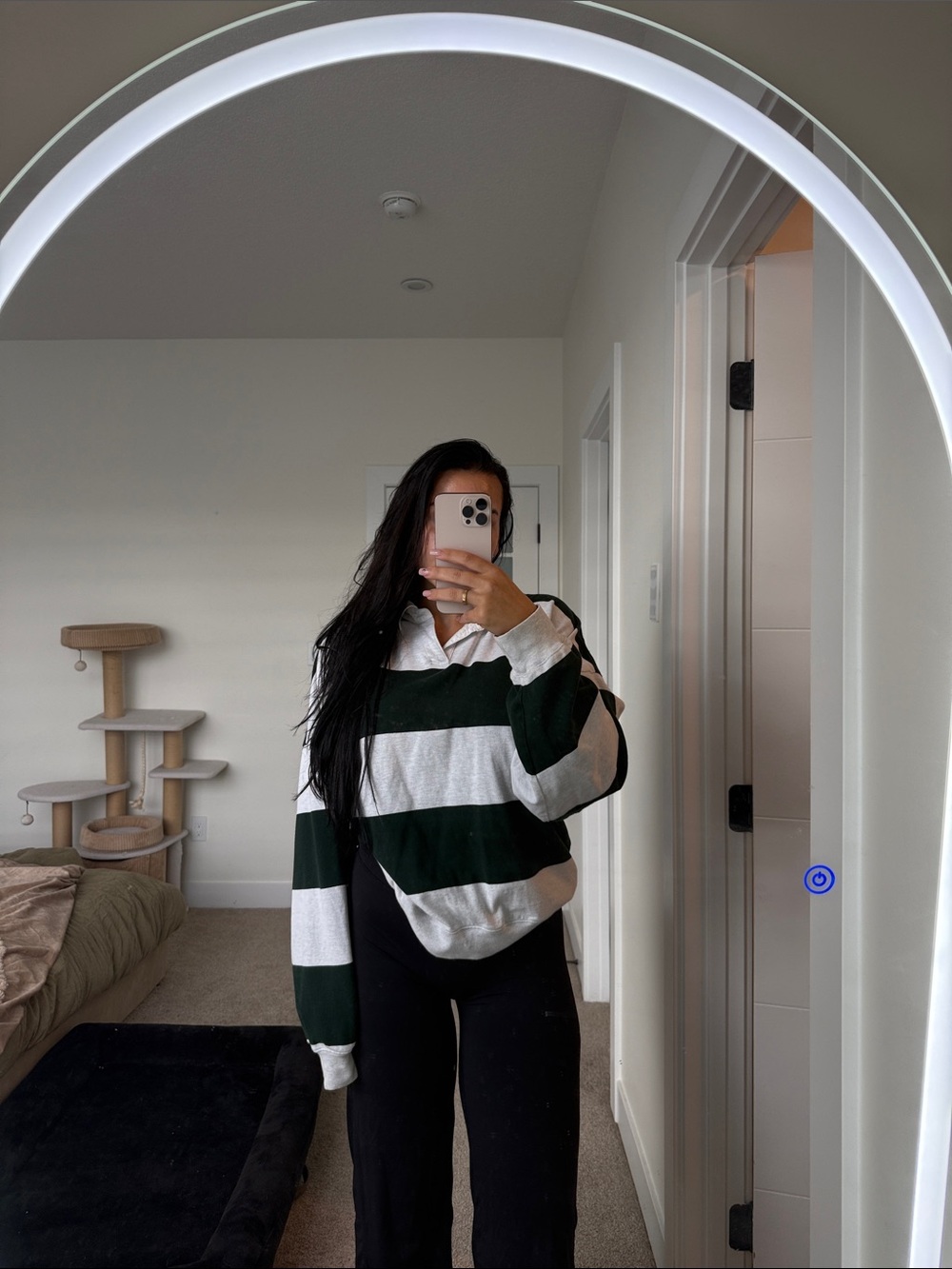 Aritzia Striped Rugby Pullover Sweater in Dark Green and White